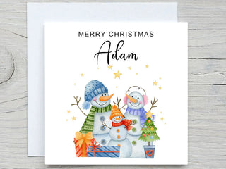 Custom Christmas Card, Merry Christmas Card, Snowman Family, Add Name