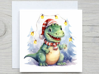 Custom Christmas Card, Merry Christmas, Cute Dinosaur T-rex, Christmas Card