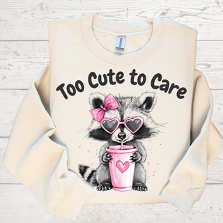Too Cute to Care Raccoon Shirt – Cute Animal Graphic Tee – Pink Heart Sunglasses T-Shirt – Kawaii Coffee Shirt – Girly Gift for Her