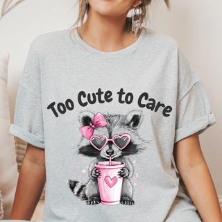 Too Cute to Care Raccoon Shirt – Cute Animal Graphic Tee – Pink Heart Sunglasses T-Shirt – Kawaii Coffee Shirt – Girly Gift for Her