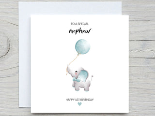 Baby Boy Birthday Card, first birthday card, to nephew card, to son card, 1st birthday card, blue elephant card