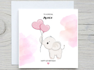 Baby girl Birthday Card, first birthday card, to niece card, to granddaughter card, 1st birthday card, pink elephant card