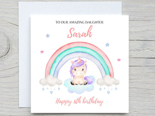 Personalised Birthday Card, Unicorn birthday card, watercolor rainbow clouds Cards, add name and age card