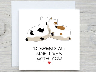 Anniversary card, 9 LIVES with you, love cat card, for her, for him , love card, romantic card