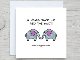 Anniversary Card, Ivory anniversary card, 14 years married card, cute elephant card, personalised card