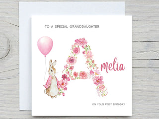 Personalised Initial Birthday Card A-Z , Baby girl Bunny Pink Birthday Card, first birthday card