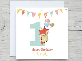 Personalised Name Birthday , Baby Kids Children Fox Birthday Card, birthday card