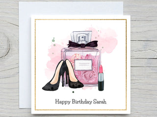 Personalised Name Birthday card, Perfume High heels birthday card, for her birthday card, diva fashion lover birthday card