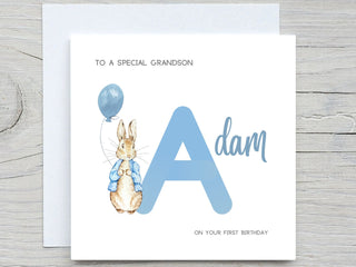 Personalised Initial Birthday Card A-Z , Baby Boy Bunny Blue Birthday Card, first birthday card