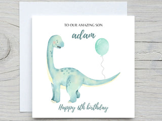 Personalised Birthday Card, Dinosaur birthday card, watercolor rainbow clouds Cards, add name and age card