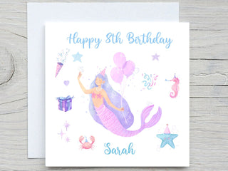 Personalised Birthday Card, Mermaid birthday card, watercolor birthday Cards, add name and age card, for daughter,