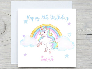 Personalised Birthday Card, Unicorn birthday card, watercolor rainbow clouds Cards, add name and age card