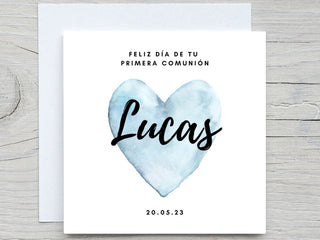 Spanish Communion Card , Personalised Communion Card For Son, Grandson, Nephew , Watercolor Blue Heart Baptism Card, primera comunión