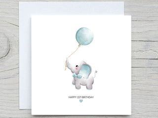Baby boy Birthday Card, first birthday card, to grandson card, 1st birthday card, Blue elephant card