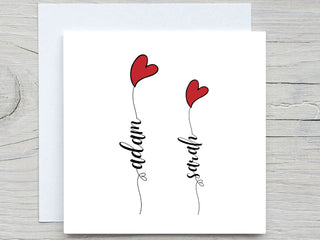 Personalised Love card, Couples Names card, heart balloon card, valentines Day card, romantic card, love, anniversary card