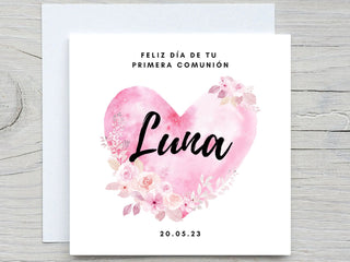 Spanish Communion Card , Personalised Card For daughter, Granddaughter, Niece , Watercolor Pink Heart Baptism Card, primera comunión