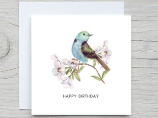 Birthday Card, Birthday greeting card, Cute Bird Card, Cute Birthday card, Bird and Flowers birthday card