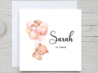 Personalised Baby girl Birthday Card, Cute teddy card, pink balloons card, for niece, for granddaughter, to daughter card,