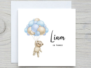 Personalised Baby Boy Birthday Card, Cute teddy card, Blue balloons card, for nephew, for grandson, to son card,