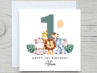 Personalised Name Birthday card, Safari Animals birthday card, Kids birthday card, add name and Age card