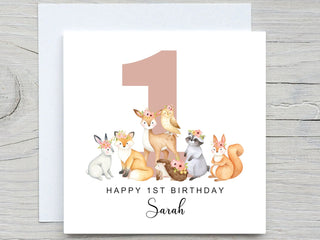 Personalised Name Birthday card, Forest Animals birthday card, Kids birthday card, add name and Age card