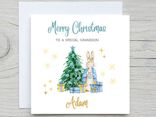 Personalised Christmas Birthday , Baby boy Bunny Rabbit Blue Christmas Card