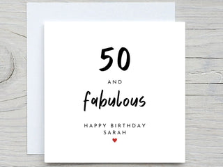 Personalised Birthday Card, 50th birthday card, 50 and fabulous, cute 50 years old birthday, for her, for wife, name birthday card