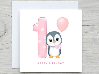 Frist Birthday CARD, Cute birthday card, Penguin 1st birthday card, baby girl birthday, for niece, for granddaughter