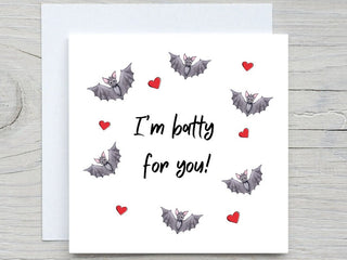 Happy Halloween card, Cute Bat Card, Personalised cards, I'm Batty for you, romantic halloween card