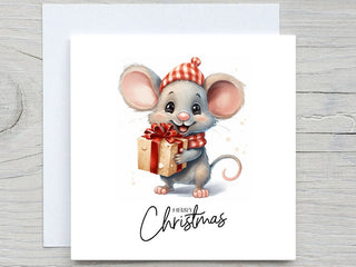 Personalised Christmas card, Merry christmas, Holiday card, Cute Christmas Mouse with Gift , christmas card