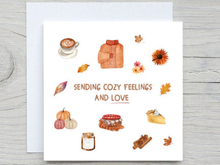 Sending Cozy Feelings, Autumn Card, Fall Leaves Watercolor card, sending love card, thanksgiving card, Halloween card
