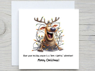 Personalised Christmas card, Merry christmas, Holiday card, 'deer-lightful' adventure!, christmas card, Reindeer card lights tangled