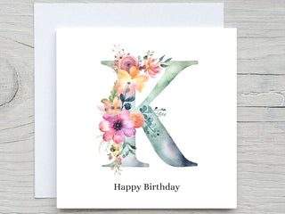 Initials Card, Floral Alphabet Card, Custom card, Letter K Card, Personalised Birthday gift, Floral K card