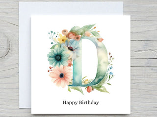 Initials Card, Floral Alphabet Card, Custom card, Letter D Card, Personalised Birthday gift, Floral D card