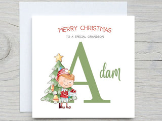Personalised kids christmas card, Christmas Elf Boy card, Add Name card, from Grandma, from aunt, Custom Name Christmas card, Alphabet card
