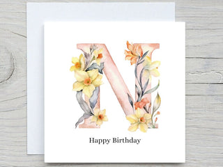 Initials Card, Floral Alphabet Card, Custom card, Letter N Card, Personalised Birthday gift, Floral N card