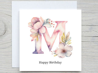 Initials Card, Floral Alphabet Card, Custom card, Letter M Card, Personalised Birthday gift, Floral M card