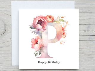 Initials Card, Floral Alphabet Card, Custom card, Letter P Card, Personalised Birthday gift, Floral P card