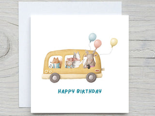 Personalised Baby Toddler Birthday , First birthday card, Animal Bus card, balloons animal card