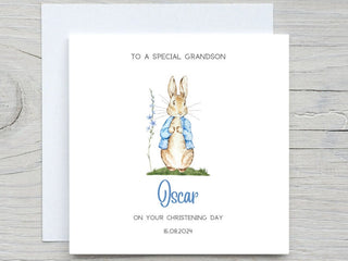 Personalised Christening Card, Baby Boy Blue Bunny Rabbit Card, Baptism Card, Baptism Card For Nephew, Grandson Baptism Card