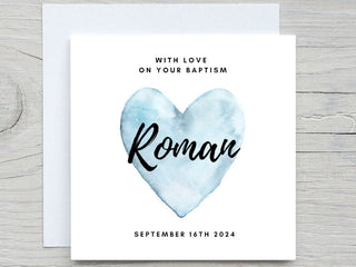Boy Baptism Card , Personalised Baptism Card For Son, Grandson, Nephew , Watercolor Blue Heart Baptism Card, Add Name and Date