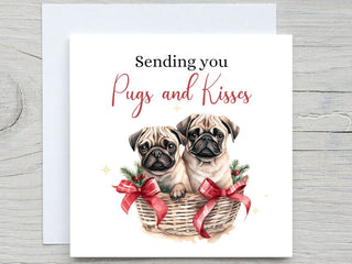 Personalised Christmas card, Pugs and Kisses CARD, Happy Pug card, for dogs lovers, Pug Dog card