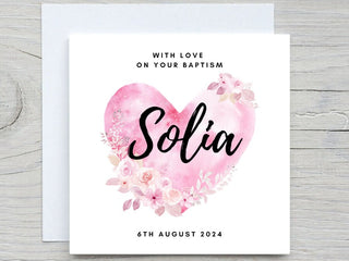 Girl Baptism Card , Personalised Baptism Card For Daughter, Granddaughter, Niece , Watercolor Pink Heart Baptism Card, Add Name and Date