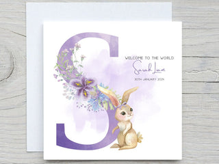 Personalised Baby girl Newborn Card A-Z , Baby Girl Bunny Purple Birthday Card, Welcome to the world