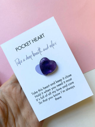 Pocket Hug, Postal Hug, Long distance gift, amethyst Heart , Anxiety Stone, healing crystal gift, birthday gift, pocket gift