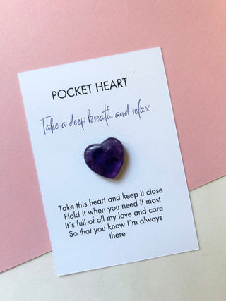 Pocket Hug, Postal Hug, Long distance gift, amethyst Heart , Anxiety Stone, healing crystal gift, birthday gift, pocket gift