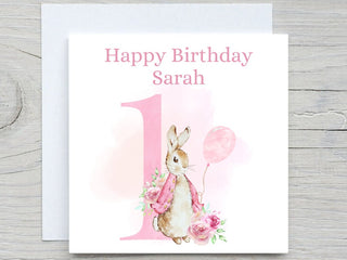 Personalised Initial Birthday Card , First Birthday card,  Baby girl Bunny Pink Birthday Card, first birthday card, one year birthday card