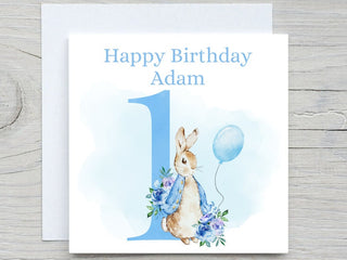 Personalised baby boy Birthday Card , First Birthday card,  boy Bunny blue Birthday Card, first birthday card, one year birthday card