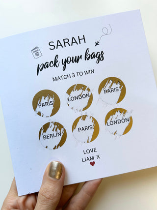 personalised Travel cards, Pack your bags , Scratch To Win Holiday Card,Holiday Reveal Surprise, Birthday Surprise Scratch Card, surprise