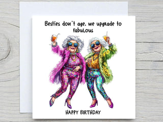 Funny Best Friend Birthday Card - "Besties Dont Age, We Upgrade to Fabulous!" - Sassy Retro Women, Humorous Greeting Card for Bestie